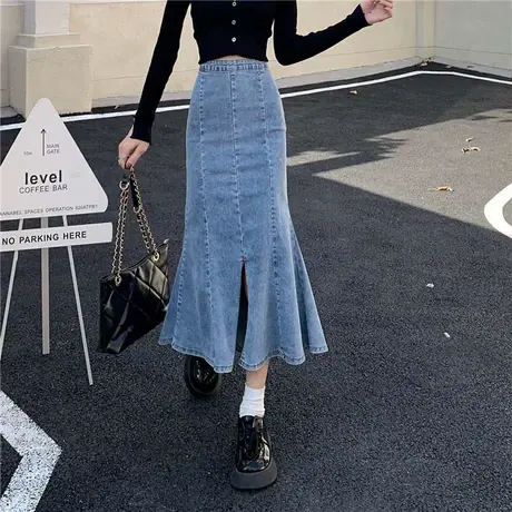 开叉鱼尾裙牛仔半身裙设计感小众高腰显瘦a字裙中长款荷叶包臀裙图片