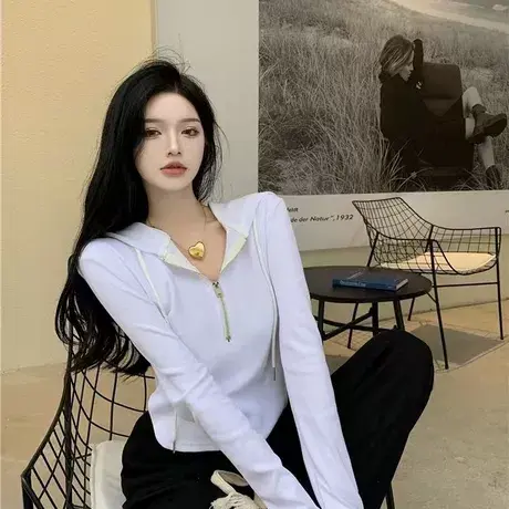 白色连帽长袖T恤卫衣2023春季女装韩版设计感拉链早秋短款上衣薄商品大图