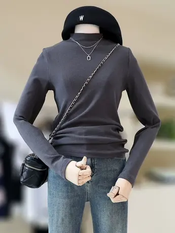 德绒半高领打底衫女秋冬季洋气大码纯色叠穿内搭胖mm长袖百搭上衣商品大图