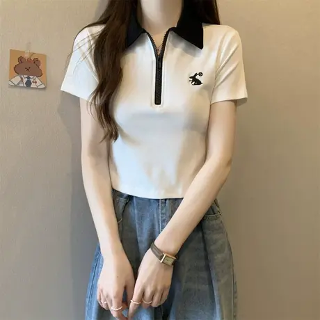 polo领短袖t恤女夏季2023新款修身显瘦港风chic半袖短款甜辣上衣图片