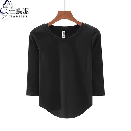 秋季新款韩版圆领修身下摆圆弧纯欲纯棉纯色中袖体恤上衣内搭女装商品大图