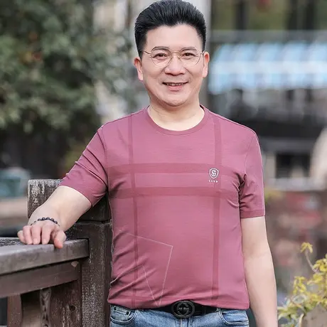 冰丝爸爸夏装中年男士短袖t恤男40-50岁夏天圆领中老年人大码上衣商品大图
