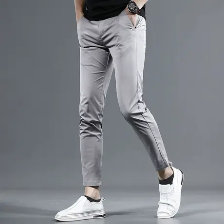2023夏季九分休闲裤男新款潮牌浅灰色修身小脚男士弹力9分裤子男商品大图