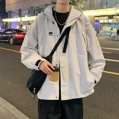 男士外套春秋季大码潮牌连帽户外男生冲锋衣服美式防水夹克男装商品大图