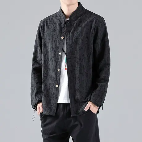 秋季中国风提花棉麻长袖衬衫男复古新唐装中式暗门襟盘扣衬衣外套商品大图