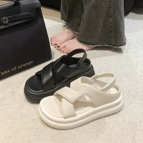 厚底休闲运动凉鞋女2023夏季新款百搭面包沙滩鞋配裙子露趾罗马鞋商品大图