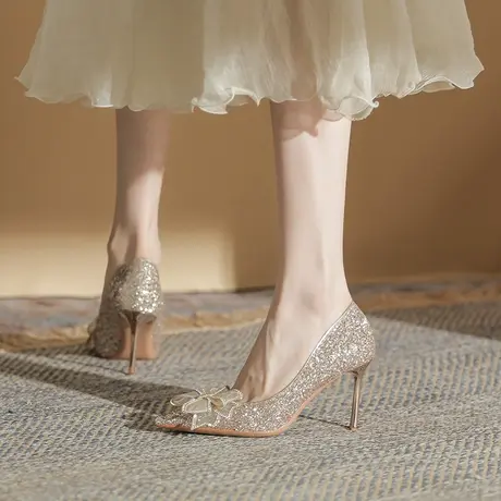 新娘伴娘结婚单鞋女细跟2023春季新款性感尖头水钻百搭浅口高跟鞋商品大图