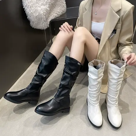 西部牛仔靴内增高堆堆靴子女冬加绒2023新款长筒靴厚底中筒瘦瘦靴图片