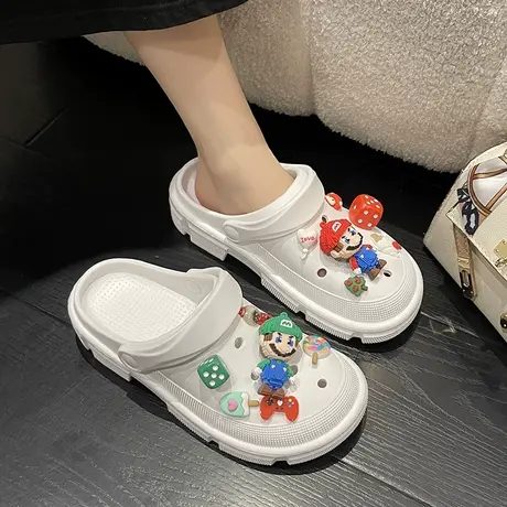 松糕厚底洞洞鞋女夏时尚外穿可爱马里奥防滑ins潮两穿包头凉拖鞋商品大图