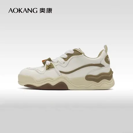 奥康女鞋2024秋季新款圆头显脚小撞色潮流厚底百搭板鞋时尚面包鞋图片