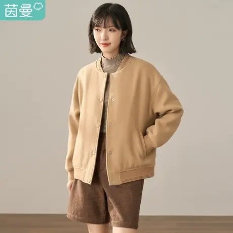 【商场同款】茵曼2022冬女装新款复古棒球领罗纹绣花宽松毛呢外套图片
