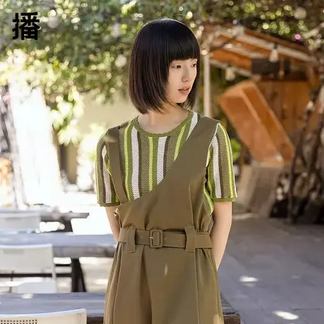 播2023秋季新款素色圆领拼色短款直筒条纹短袖毛衫女BDP2SD0639商品大图