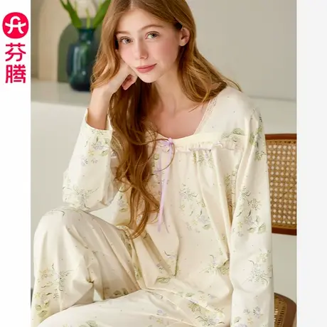 芬腾女士长袖睡衣春秋季纯棉套头套装新款休闲大码女款全棉家居服商品大图