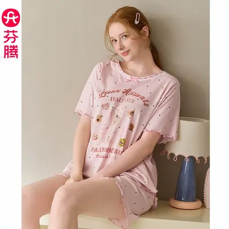 芬腾夏季女睡衣纯棉短袖短裤薄款夏天可爱休闲甜美家居服大码套装商品大图