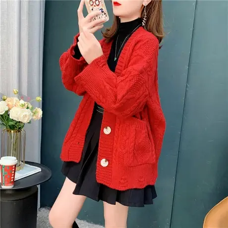 麻花毛衣外套女春秋2022新款韩版宽松外穿慵懒风加厚粗线针织开衫图片