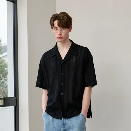 Lilbetter镂空肌理条纹设计感宽松短袖衬衫2025夏宽松半袖衬衣男商品大图