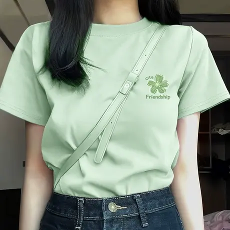 唐狮短袖女t恤夏季2025新款爆款小个子浅绿色纯棉宽松半袖上衣VB商品大图