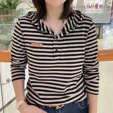 卫衣女2023新款春秋条纹长袖体恤韩版时尚百搭打底横条显瘦上衣潮商品大图