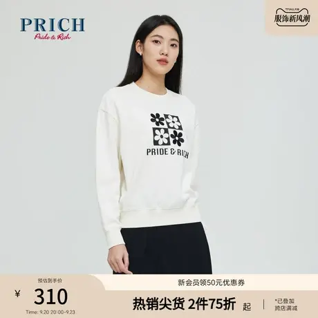 【商场同款】PRICH23春秋新款复古放款印花绣花圆领卫衣体恤衫女图片