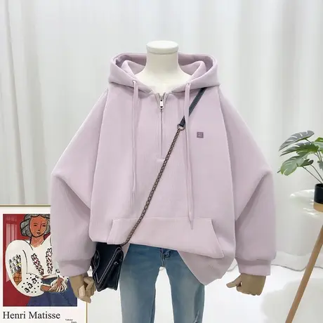 2023春秋宽松韩版BF风刺绣方块笑脸半拉链连帽卫衣口袋女士23016商品大图