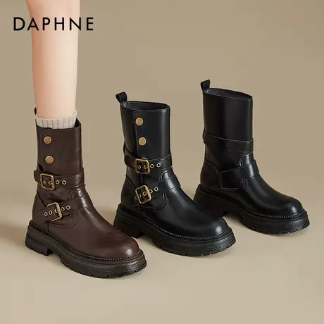 达芙妮美拉德短靴子女夏2025新款皮带扣厚底棕色西部牛仔靴骑士靴商品大图