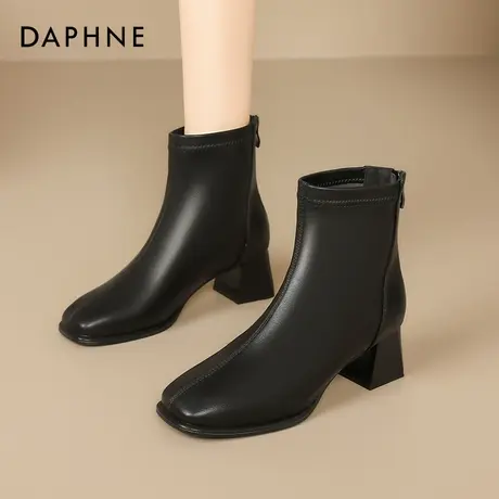 达芙妮黑色短靴女2025新款夏季法式粗跟小踝靴方头切尔西瘦瘦靴子商品大图