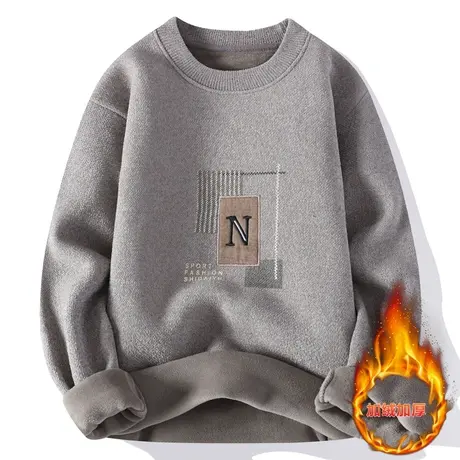 2023新款秋冬季刺绣男士圆领加绒加厚卫衣青少年保暖长袖T恤潮流商品大图