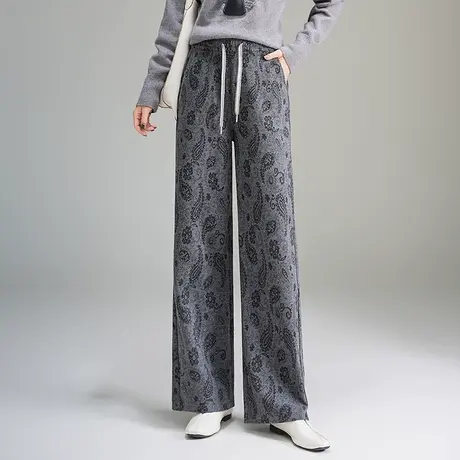 复古腰果花阔腿裤女2025秋季新款高级感显瘦高腰直筒垂坠感休闲裤商品大图