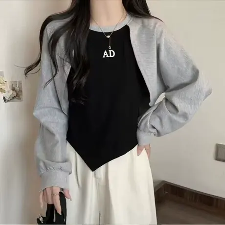 小个子短款不规则长袖卫衣女秋季2023新款修身显瘦薄款假两件上衣商品大图