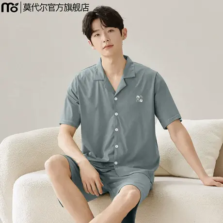 莫代尔男士睡衣夏季短袖短裤开衫大码凉爽冰丝家居服套装2025新款商品大图