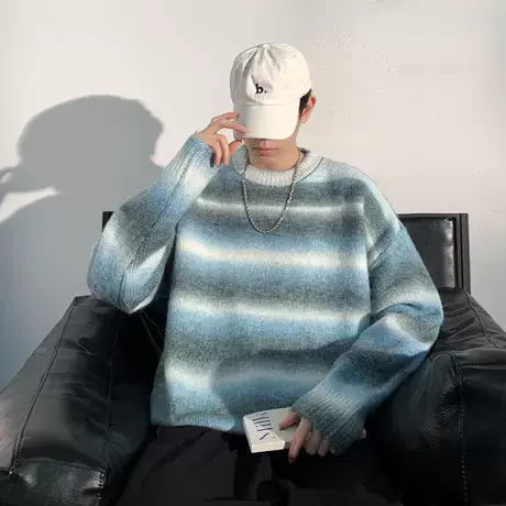 圆领毛衣男秋冬款彩虹条纹针织衫男生慵懒风打底衫宽松毛线衣外套商品大图