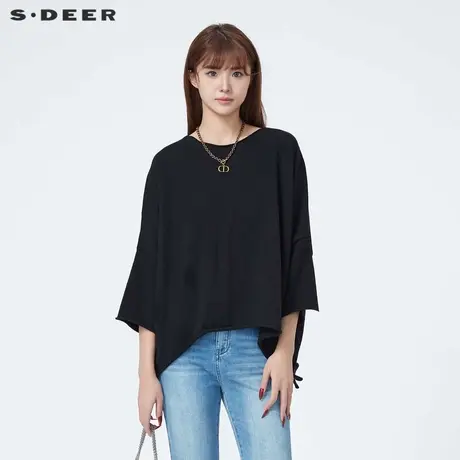sdeer圣迪奥女装一字领拼接不规则宽松针织衫S23483516商品大图