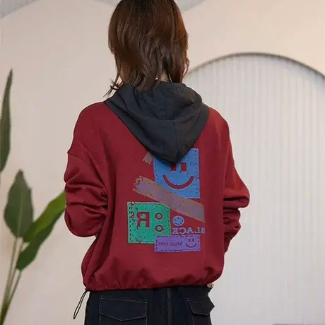 2025秋季新款连帽印花长袖卫衣女时尚百搭休闲套头拼接显瘦上衣潮商品大图
