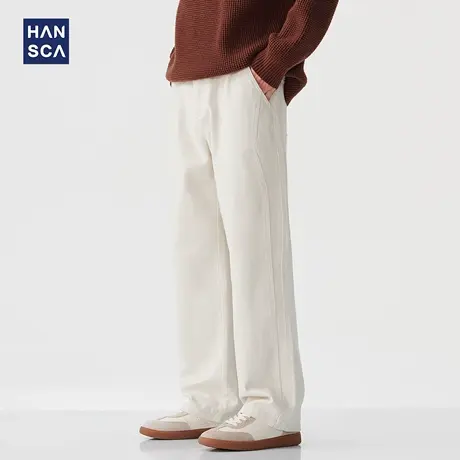 hansca400g重磅纯棉直筒休闲裤男秋季美式复古宽松大码拼接长裤子商品大图