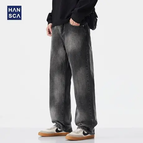 hansca黑色牛仔裤男2025新款秋季美式复古直筒宽松阔腿水洗长裤子商品大图