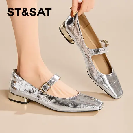 星期六方头浅口低跟气质玛丽珍鞋女2026春季新款牛皮真皮通勤单鞋商品大图