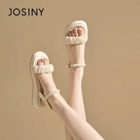 卓诗尼鞋子女2025新款爆款一字带珍珠仙女风凉鞋外穿休闲平底单鞋图片