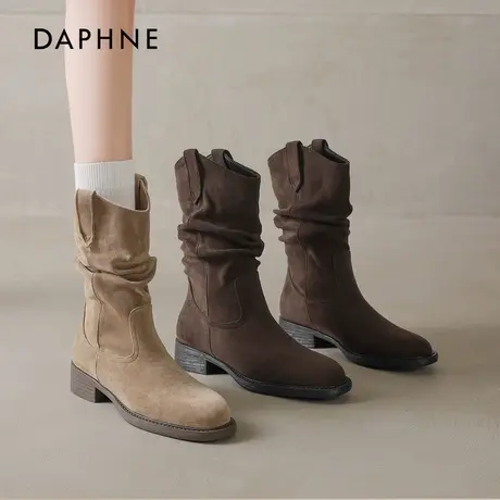 达芙妮靴子女美拉德冬季骑士2026新款加绒中筒堆堆牛仔短靴马丁靴商品大图