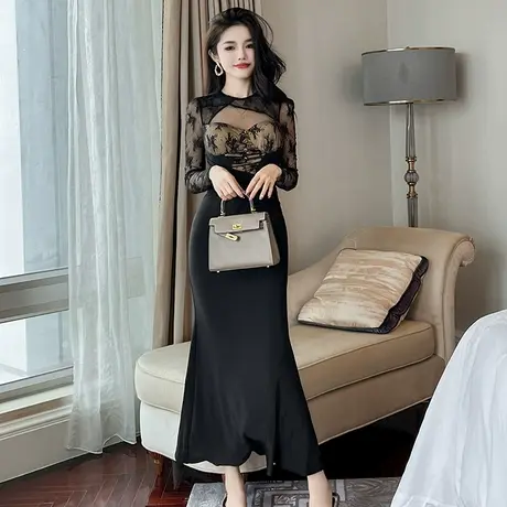 性感显身材拼接蕾丝连衣裙初秋新款轻奢减龄女人味气质包臀鱼尾裙商品大图