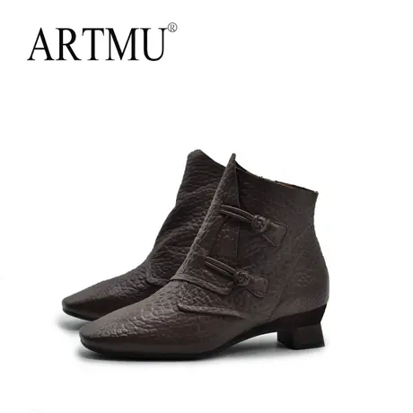 Artmu阿木原创复古中国风粗跟短靴女2023新款女靴子真皮盘扣气质商品大图