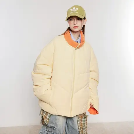 复古拼色立领棉服女加厚冬季外套2023新款潮牌面包服宽松小众棉衣商品大图