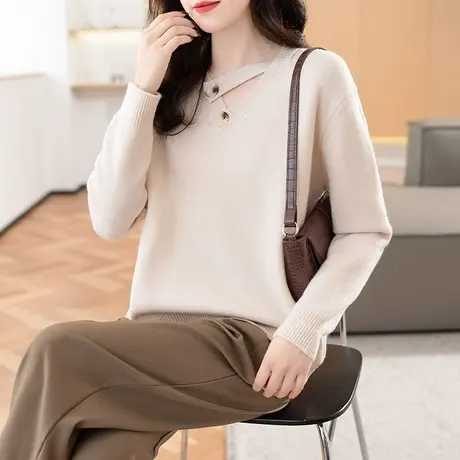 2023秋冬新款韩版宽松女士针织衫毛衣上衣V领套头长袖百搭打底衫商品大图