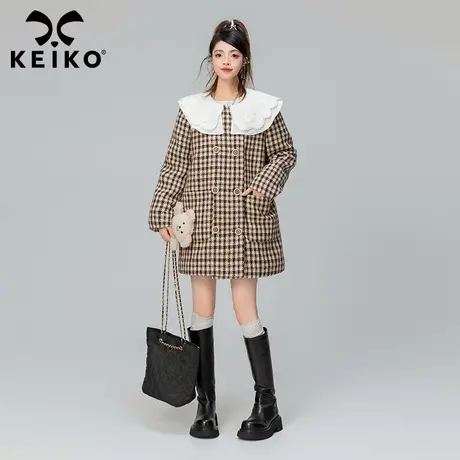 KEIKO [夹棉] 蕾丝娃娃领格子毛呢大衣女2023秋冬赫本风呢子外套商品大图