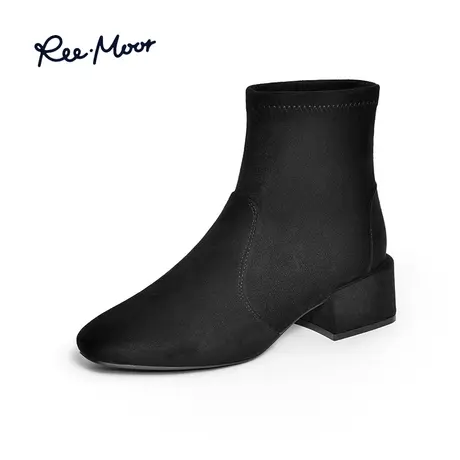 REEMOOR睿慕2023年冬季新款短筒复古气质弹力靴粗跟时装靴短靴女图片