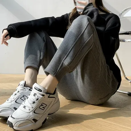 高级灰休闲运动裤女冬加绒裤子女2023新款小个子束脚卫裤女士哈伦商品大图