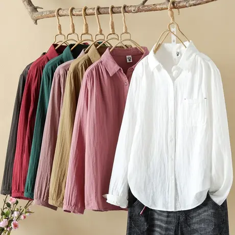 文艺复古双色双织细条纹加绒加厚衬衫女双层棉纱布长袖衬衣商品大图