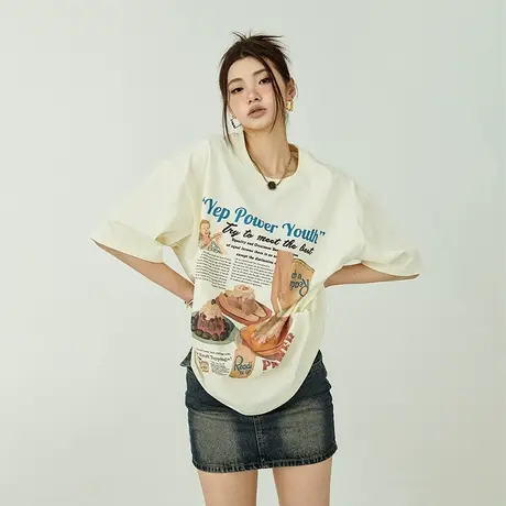 2023新款夏装纯棉短袖t恤女宽松bf复古街头ins潮牌情侣装半袖上衣商品大图