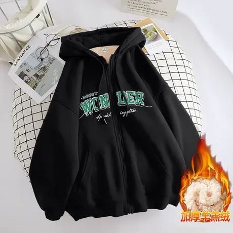 ZR真维斯卫衣女2023新款冬季加绒加厚羊羔绒黑色休闲连帽上衣外套图片