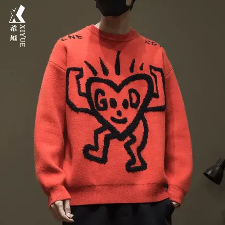 重磅700g毛衣男秋冬季宽松红色针织衫大码男士17针慵懒感圆领外套商品大图