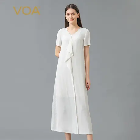 VOA真丝30姆米重磅牛奶白V领套头褶皱拼接甜美风短袖桑蚕丝连衣裙商品大图